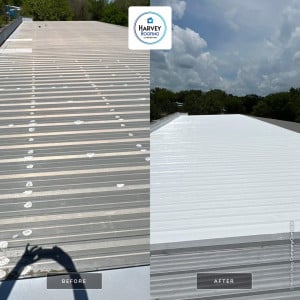 Before and After Silicone Coating on Commercial Metal Roof